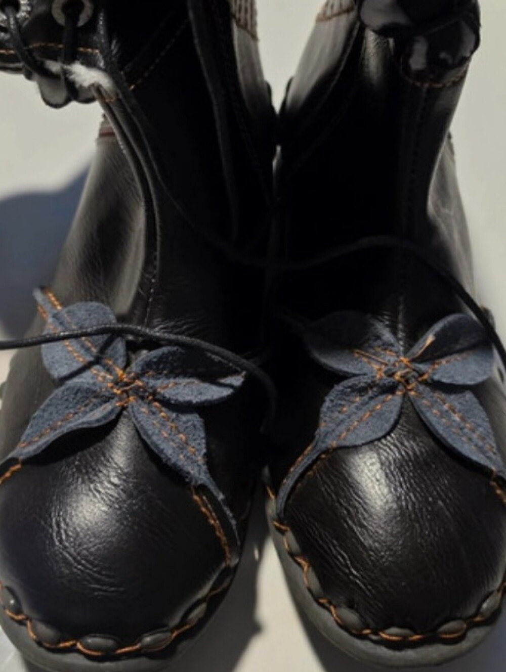 Black Lace-Up Women's Boots with Blue Denium Floral Appliqués Size 9